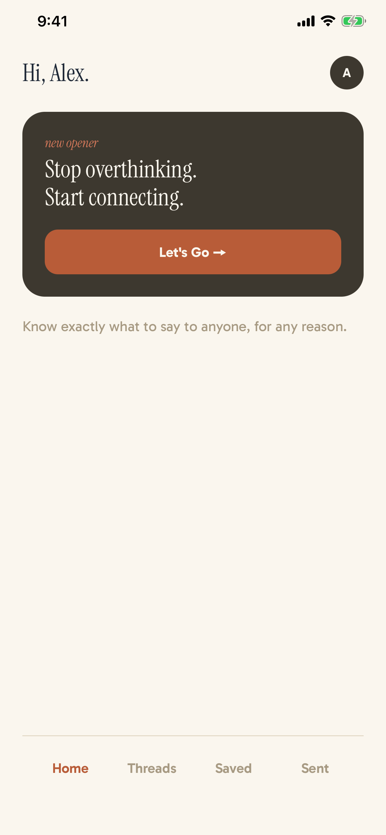 The Quipp home screen on iPhone, with a saved contact and a new opener ready to start.